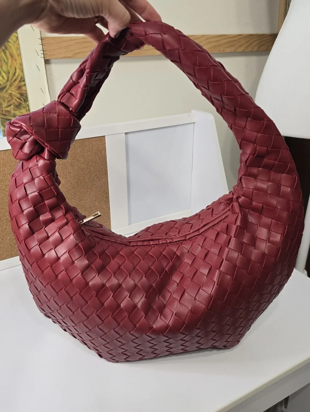 Braided Hobo Shoulder Bag in Deep Burgundy